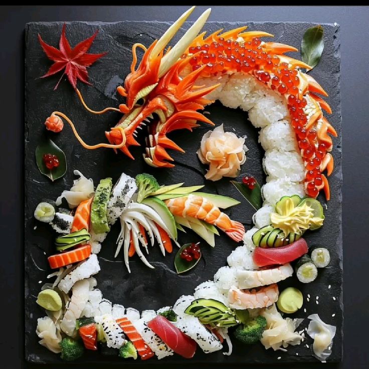 Représentation d'un plat de sushi en forme de
         dragon